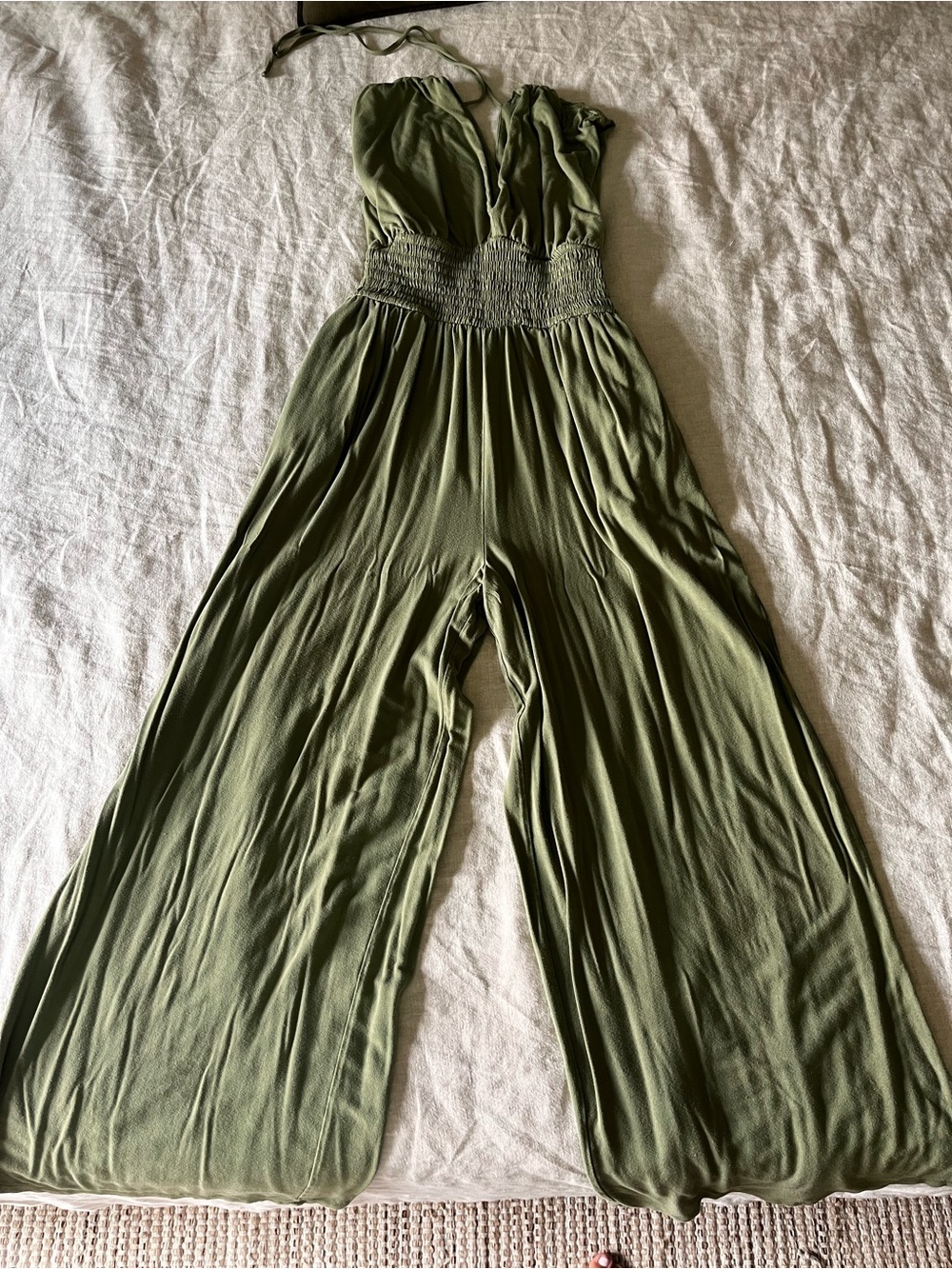 Old Navy Olive Strapless Wide-Leg Jumpsuit with Smocked Waist